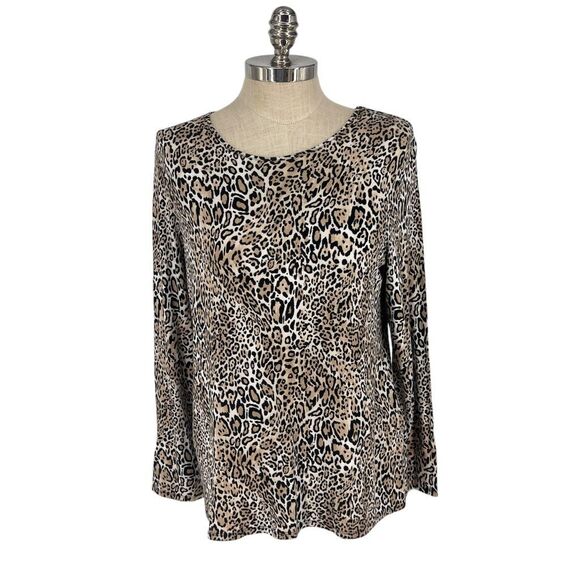 Chico's Size 2 Leopard‎ Print Stretch Soft Ultimate Tee Long Sleeve Knit Animal - Picture 1 of 9